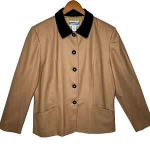VTG Pendleton 100% Virgin Wool Beige Button Jacket Black Velvet Collar Size 14